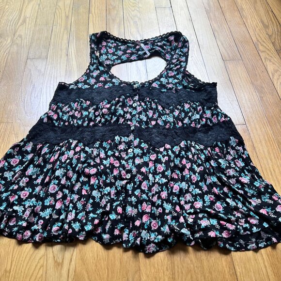 Free People Size L Black Pink Blue Floral Lace Trim Sleeveless Tank Top Blouse - Picture 4 of 10
